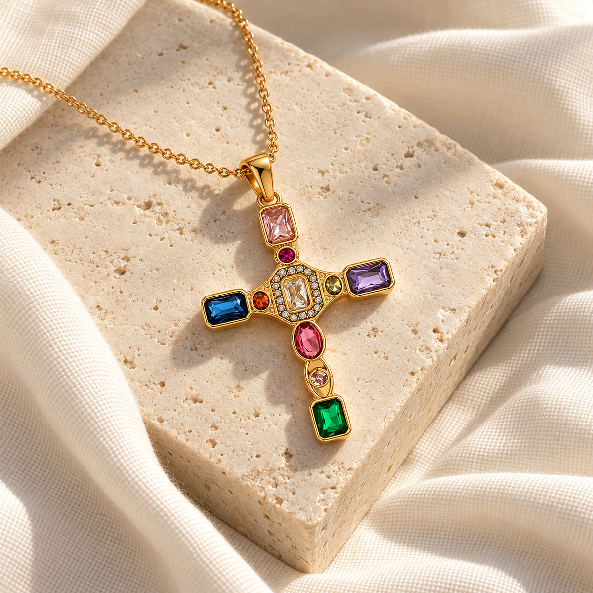 Mosaic Gem Cross Necklace