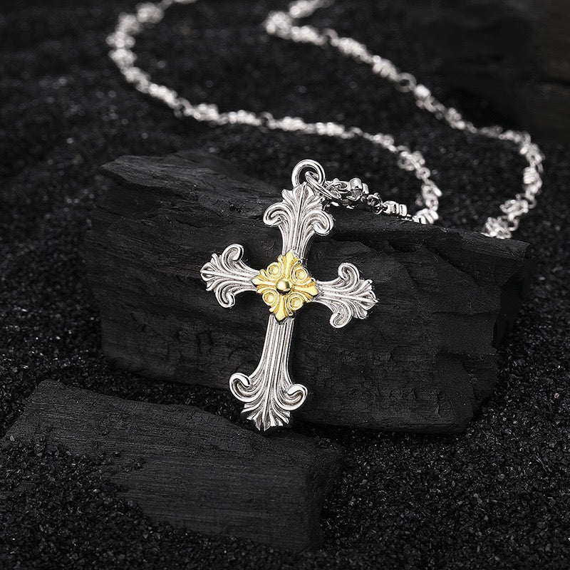 Wave Pattern Cross Sterling Silver Necklace
