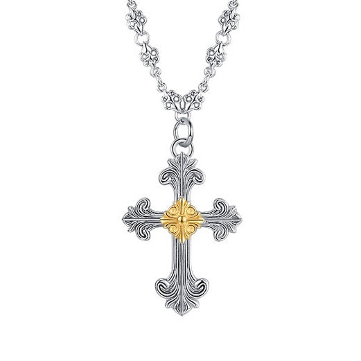 Wave Pattern Cross Sterling Silver Necklace