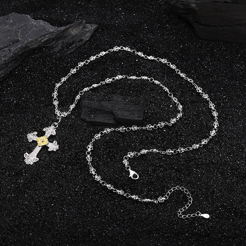 Wave Pattern Cross Sterling Silver Necklace