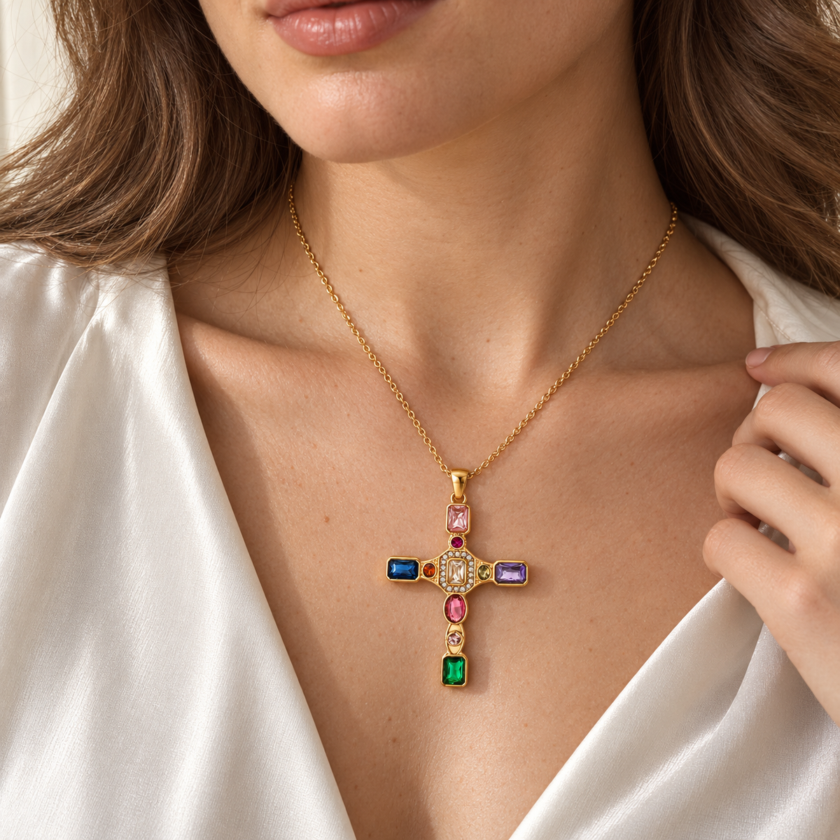 Mosaic Gem Cross Necklace