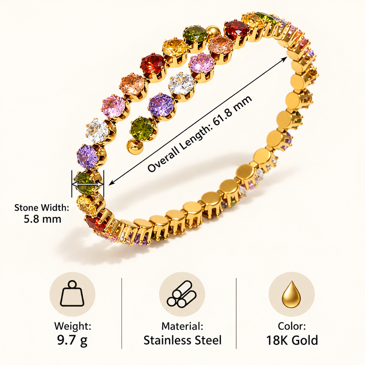 Rainbow Gemstone Open Cuff Bracelet