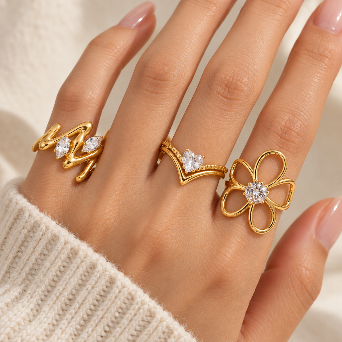 Three-Piece Gold-Tone Crystal Ring Set