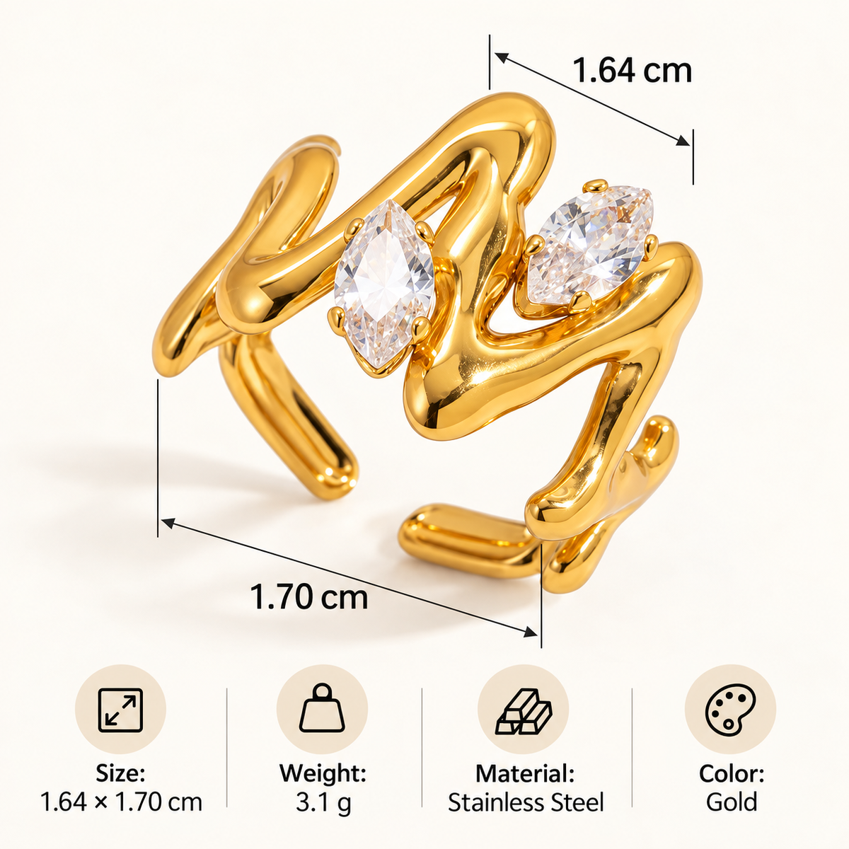 Three-Piece Gold-Tone Crystal Ring Set