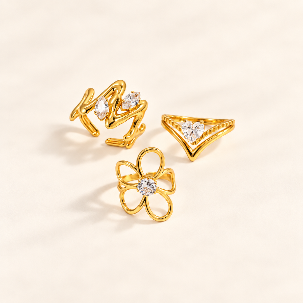 Three-Piece Gold-Tone Crystal Ring Set