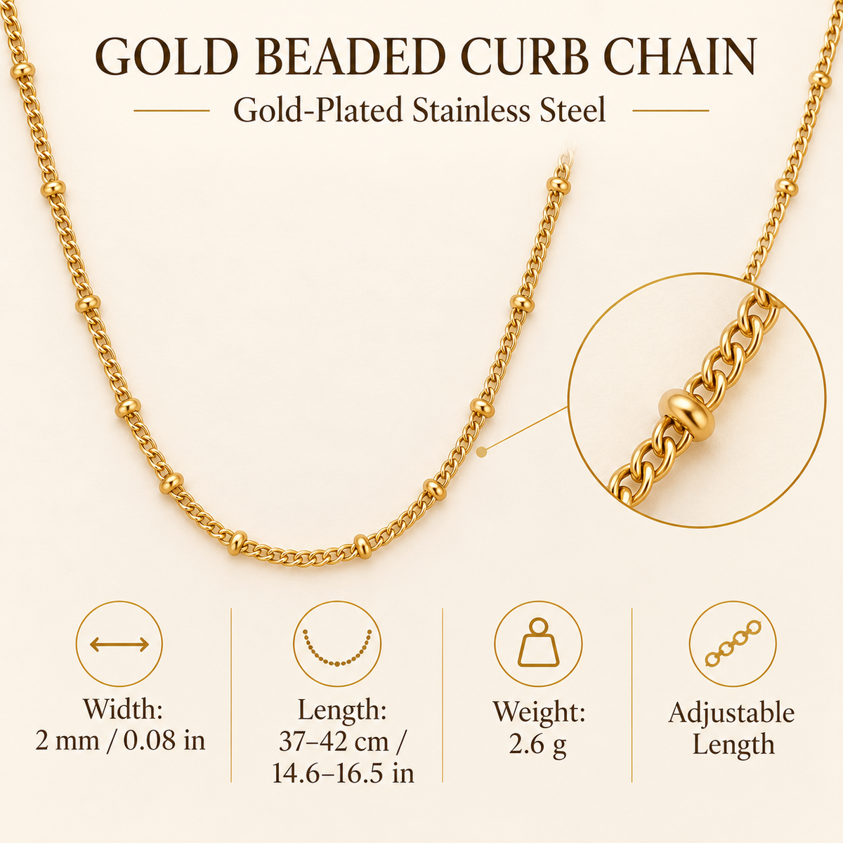 Gold Beaded Curb Chain Necklace