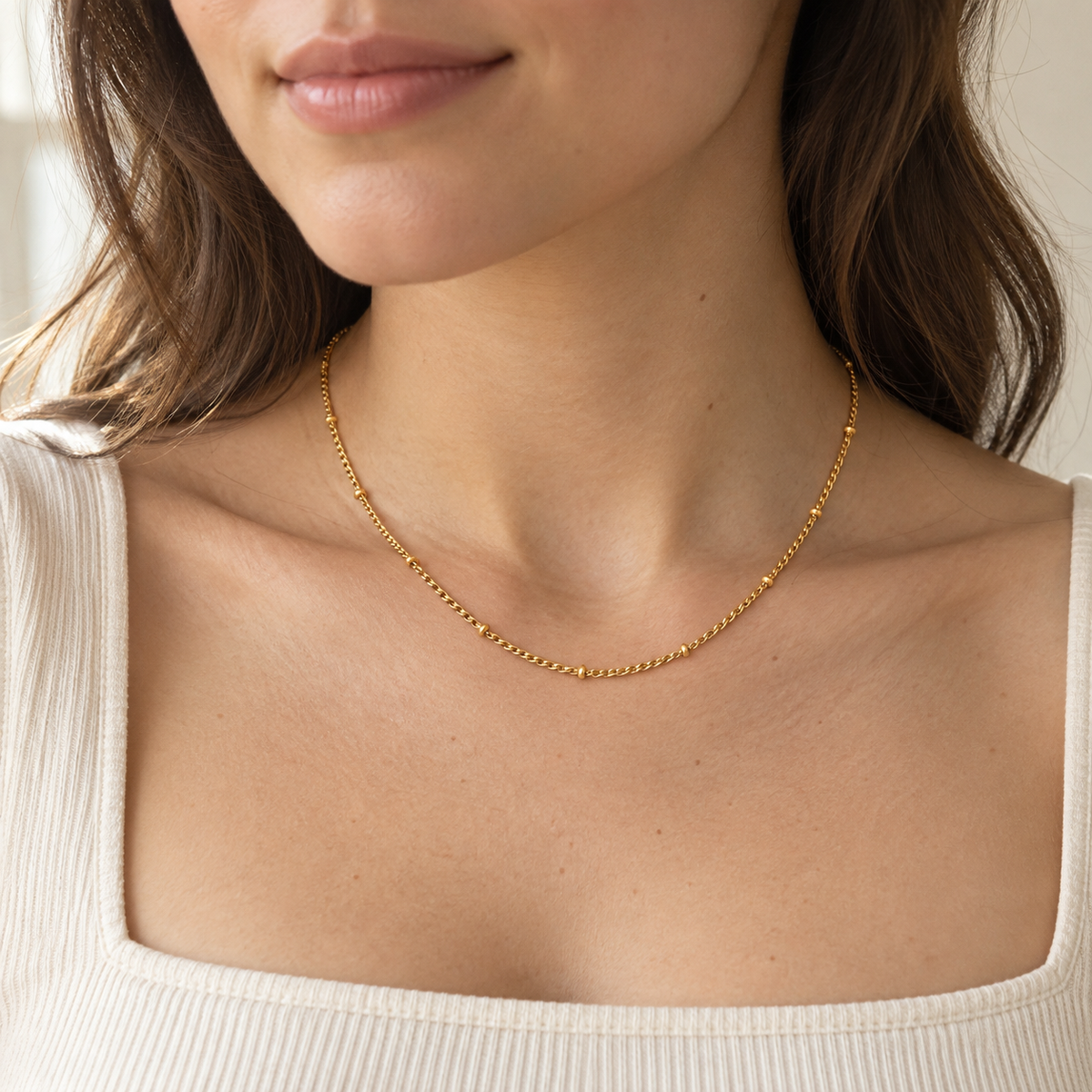 Gold Beaded Curb Chain Necklace