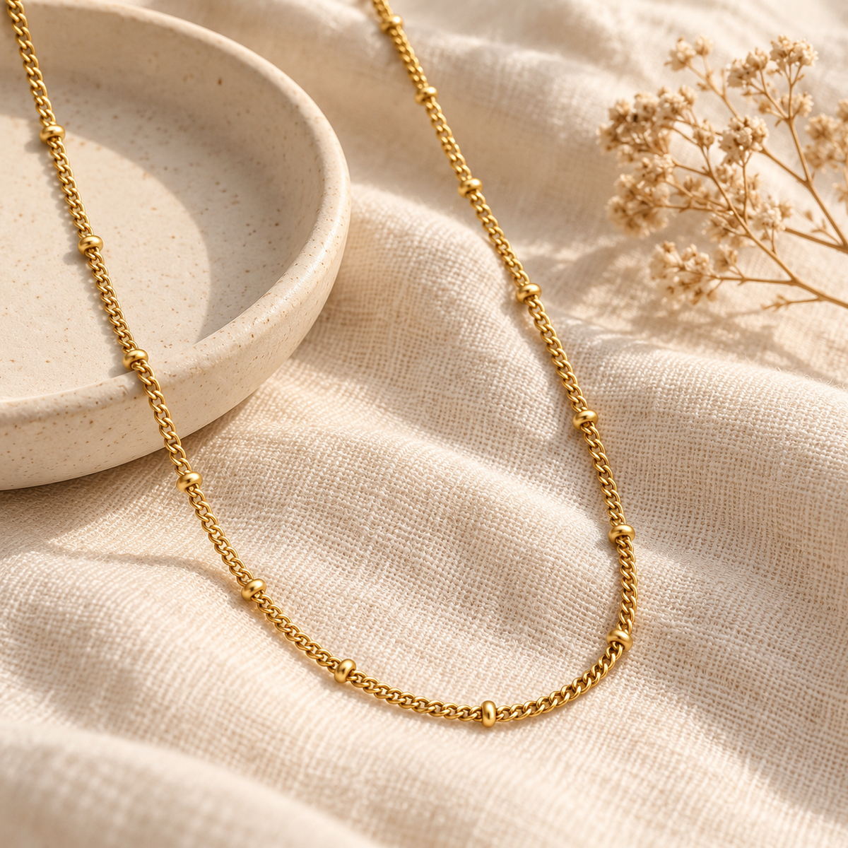 Gold Beaded Curb Chain Necklace