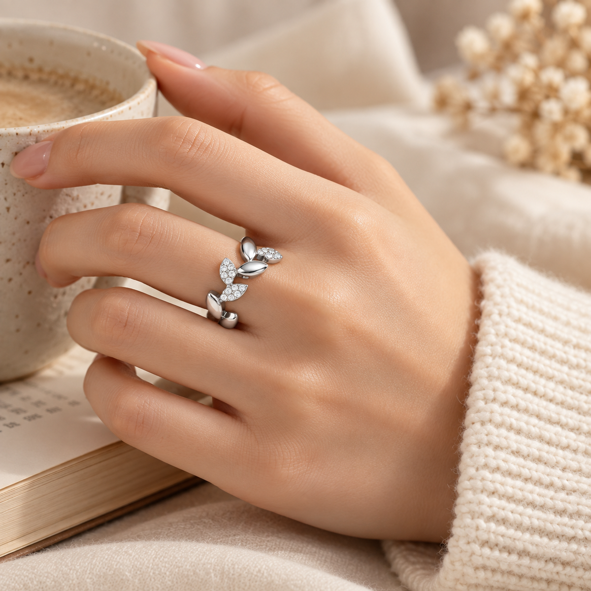 Crystal Leaf Open Ring